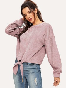 Knot Front Solid Cord Sweatshirt