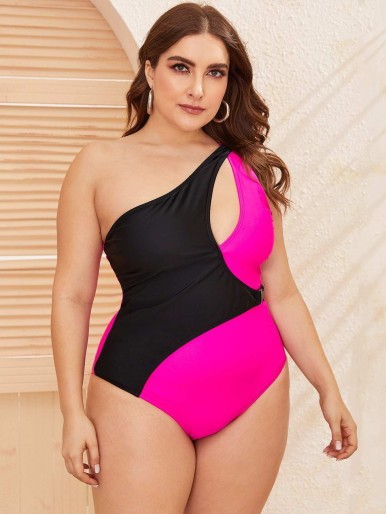 Plus Two Tone One Shoulder One Piece Swimsuit
