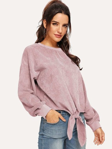 Knot Front Solid Cord Sweatshirt