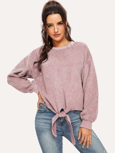 Knot Front Solid Cord Sweatshirt