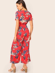 Button Front Ruffle Cuff Tie Wrap Palazzo Jumpsuit