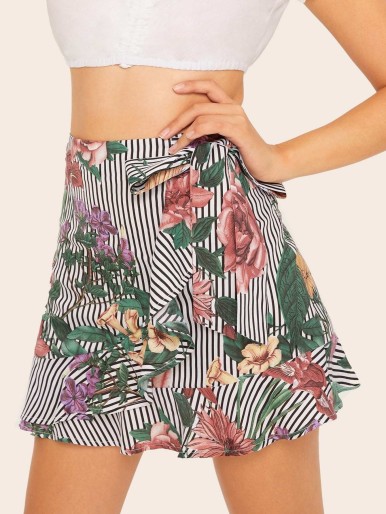 Botanical & Stripe Print Ruffle Trim Wrap Skirt