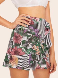 Botanical & Stripe Print Ruffle Trim Wrap Skirt