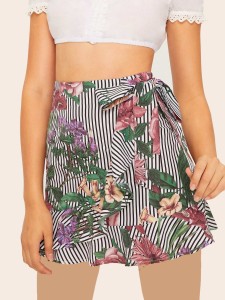 Botanical & Stripe Print Ruffle Trim Wrap Skirt