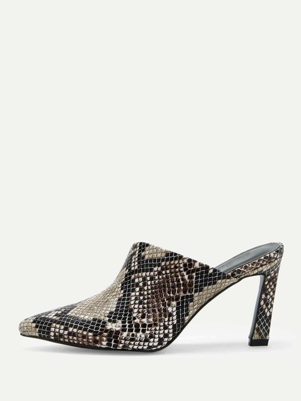 Snakeskin heeled sales mules