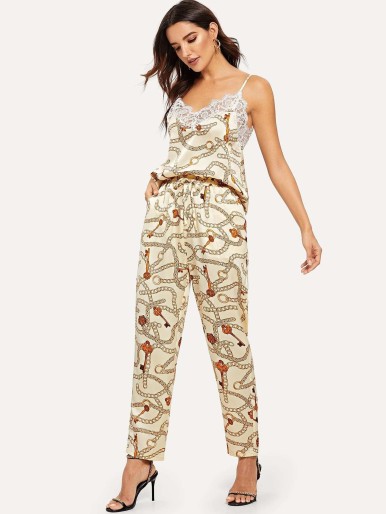 Chain Print Lace Trim Cami Top & Pants Set