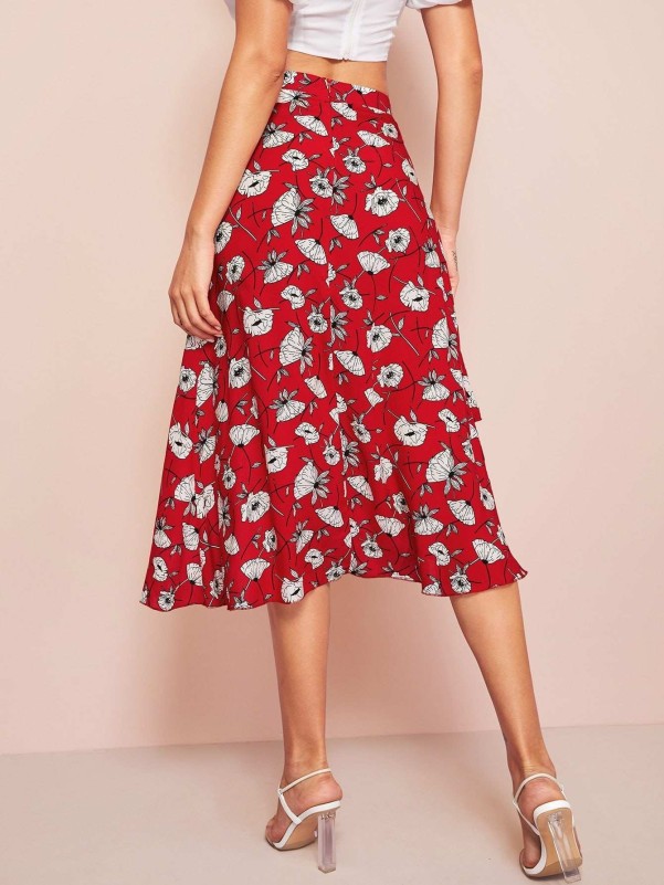 Asymmetrical Ruffle Hem Wrap Floral Skirt