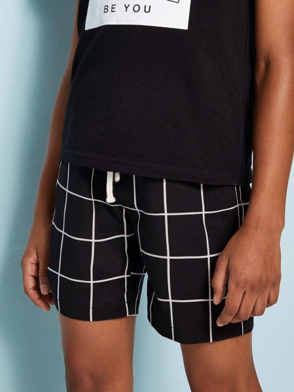 Boys Drawstring Waist Button Detail Grid Shorts