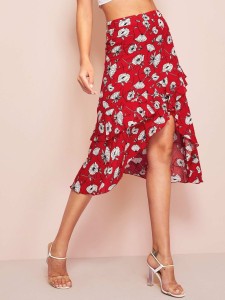 Asymmetrical Ruffle Hem Wrap Floral Skirt