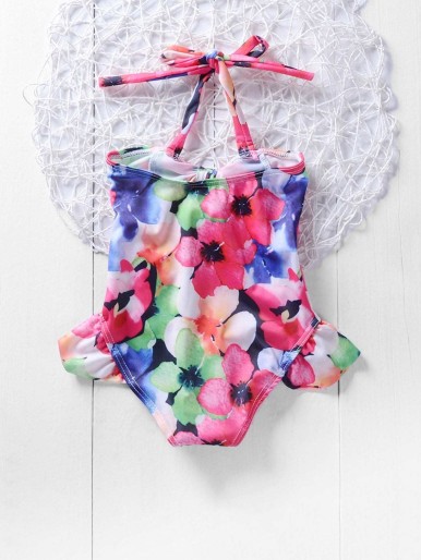 ملابس السباحة للفتيات الصغيرات الأزهار المطبوعة