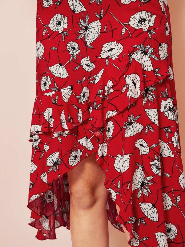 Asymmetrical Ruffle Hem Wrap Floral Skirt