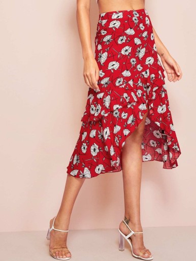 Asymmetrical Ruffle Hem Wrap Floral Skirt