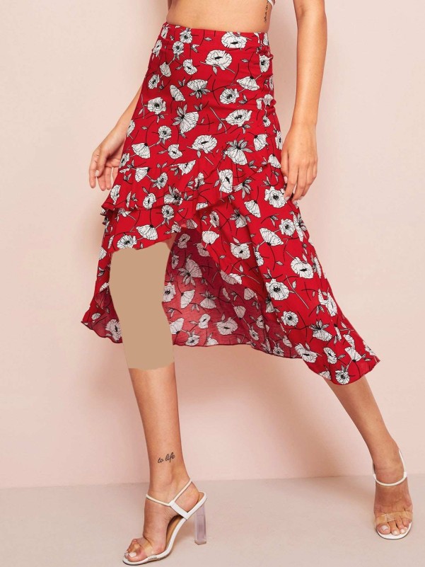 Asymmetrical Ruffle Hem Wrap Floral Skirt