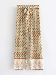 Sunflower Print Belted Wide Leg Pants