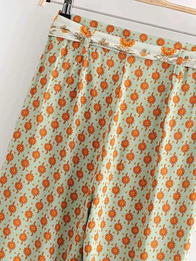 Sunflower Print Belted Wide Leg Pants