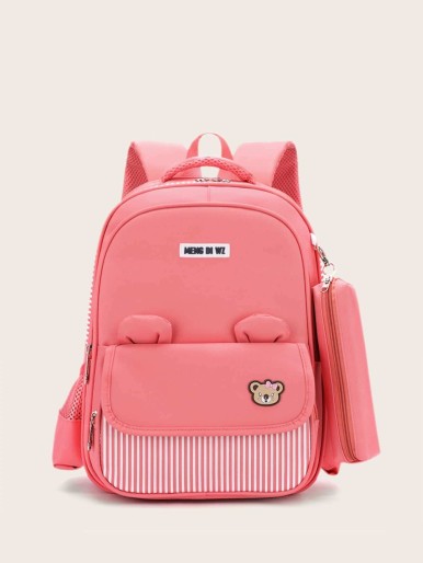 Girls Striped Pocket Front Backpack With Pencil Case