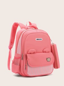 Girls Striped Pocket Front Backpack With Pencil Case