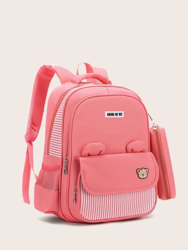 Girls Striped Pocket Front Backpack With Pencil Case