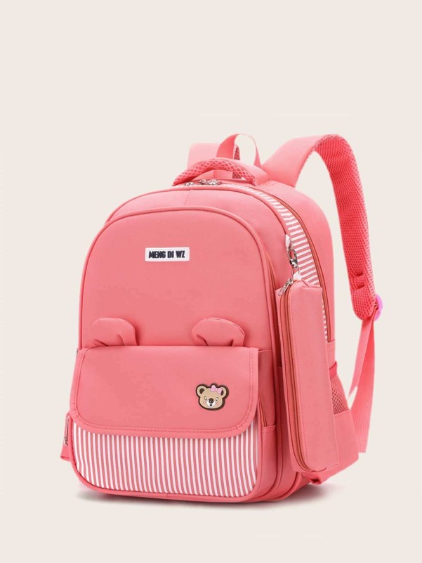 Girls Striped Pocket Front Backpack With Pencil Case