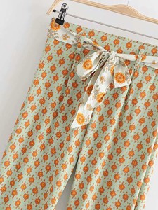 Sunflower Print Belted Wide Leg Pants