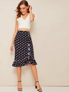 Polka-dot Ruffle Hem Wrap Knotted Skirt