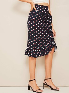 Polka-dot Ruffle Hem Wrap Knotted Skirt