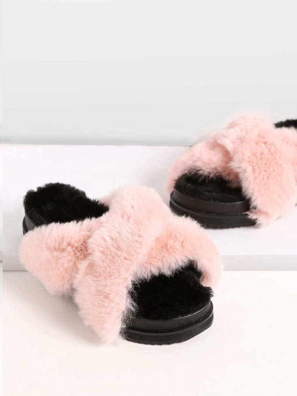 Pink Rabbit Hair Fur Lined Flatform Slippers