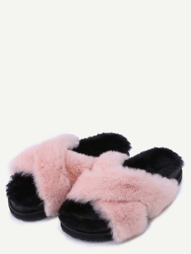 Pink Rabbit Hair Fur Lined Flatform Slippers