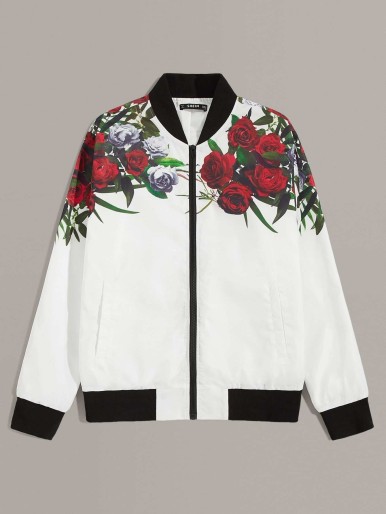 Men Floral Print Zipper Up Bomber Jacket
