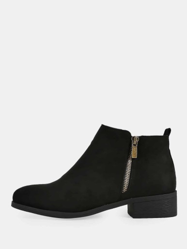 Faux Suede Round Toe Zip Up Boots BLACK