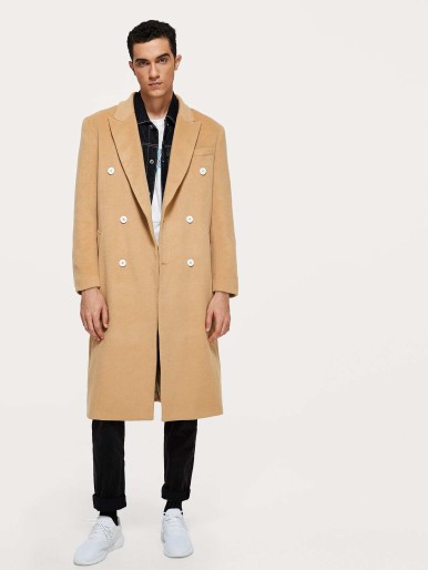 Men Double Breasted Notched Longline Coat