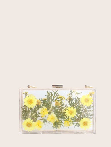 Clear Floral Pattern Clip Top Acrylic Clutch Bag