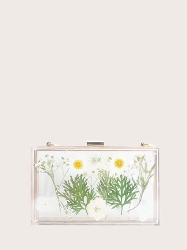 Clear Floral Pattern Clip Top Acrylic Clutch Bag