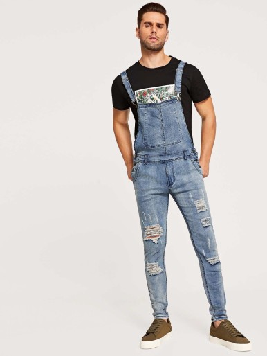 Men Ripped Side Button Denim Overall