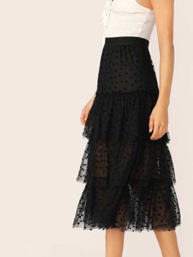 Wide Waist Frill Trim Layered Tulle Skirt