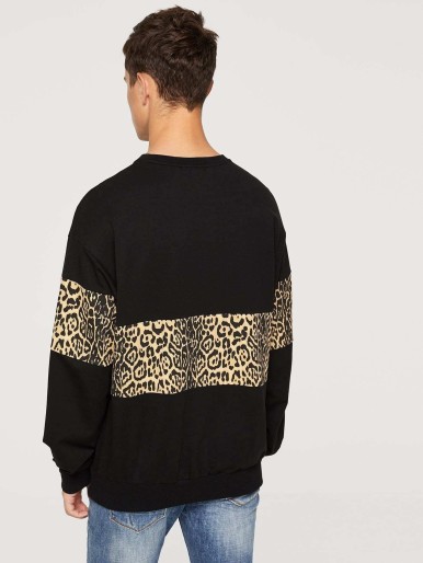 Men Crew Neck Leopard Print Pullover