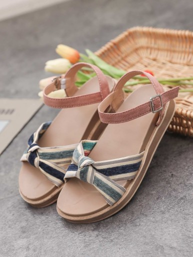 Striped Knot Front Ankle Strap Sandals