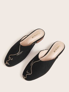 Embroidered Detail Suede Flat Mules
