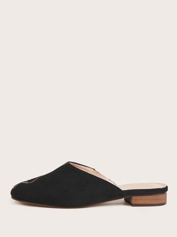 Embroidered Detail Suede Flat Mules