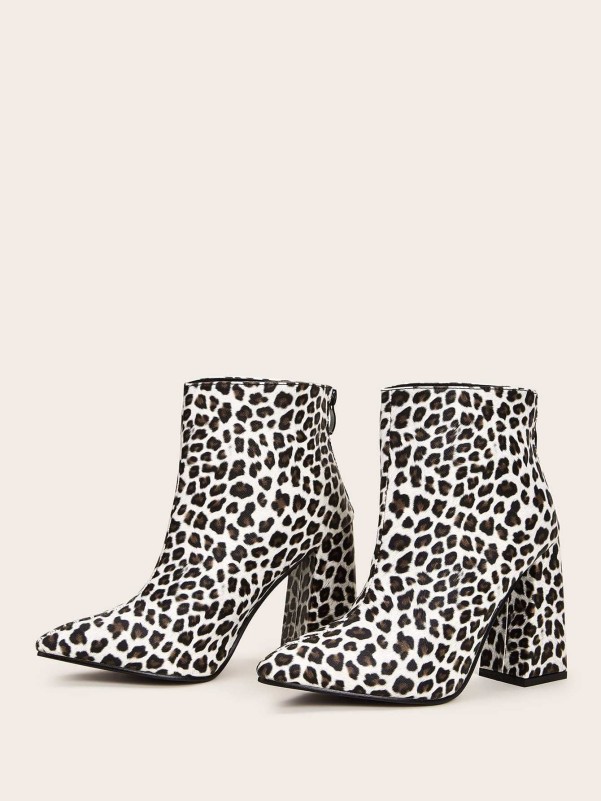 Point Toe Leopard Print Chunky Boots