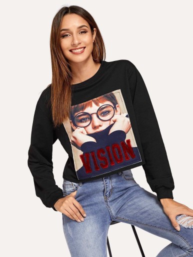Glasses Girl Patched Front Sweatshirt