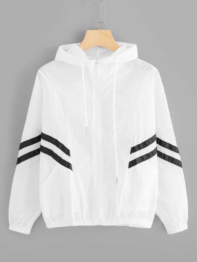 Striped jacket with hood with drawstring panel with tape