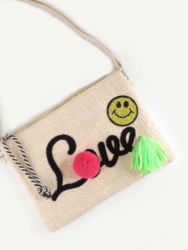 Girls Letter & Tassel Decorated Straw Bag