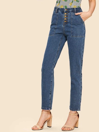 Patch Pocket Front Button Fly Jeans