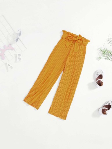 Girls Tie Waist Pleated Wide Leg Pants