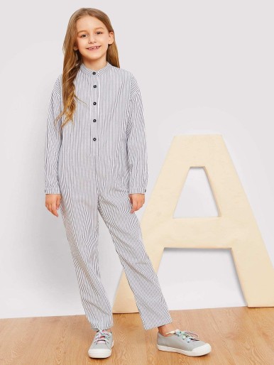 Girls Button Front Striped Print Jumpsuit