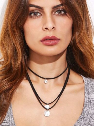 Black Layered Coin Pendant Choker Necklace