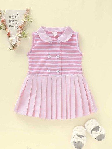 Baby Girl Striped Double Breasted Pleated Hem Babydoll Dress