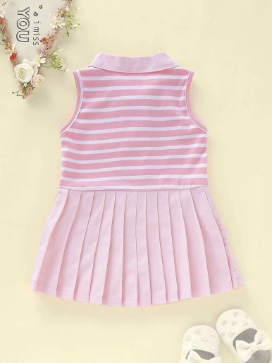 Baby Girl Striped Double Breasted Pleated Hem Babydoll Dress