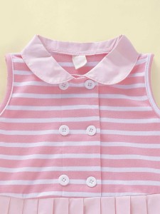 Baby Girl Striped Double Breasted Pleated Hem Babydoll Dress